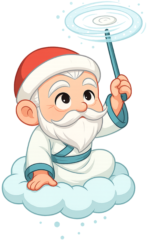 Ông bụt, vui vẻ, cổ tích, giáng sinh, mũ giáng sinh, đám mây, phất trần, tuyết rơi, the good spirit, happy, fairy tale, christmas, santa hat, cloud, fly-whisk, snowfall