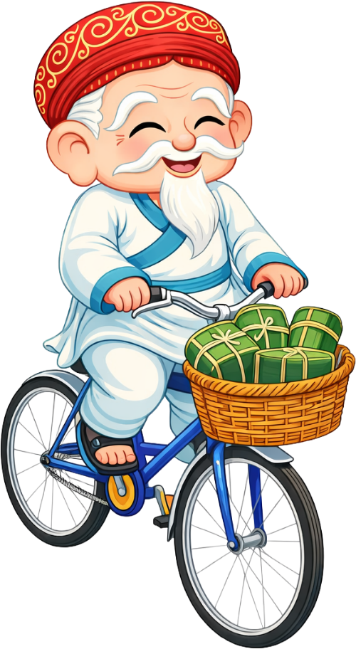 Ông bụt, đạp xe, cổ tích, xe đạp, giỏ xe, bánh chưng, tết nguyên đán, niềm vui, mũ đỏ, áo dài, râu trắng, old fairy, riding bicycle, fairy tale, bicycle, basket, chung cake, lunar new year, joyful, red hat, ao dai, white beard 6