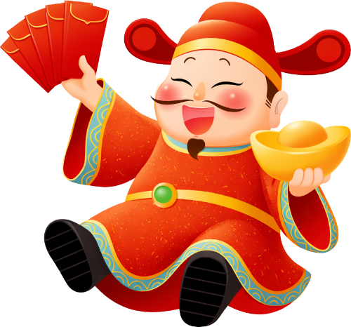 Thần tài, cầm xấp bao lì xì và thỏi vàng, đàn ông, ngồi, trang phục đỏ họa tiết sóng nước, nụ cười, râu đen, god of wealth, holding red envelopes and a gold ingot, man, sitting, red costume with wave patterns, smiling, black beard