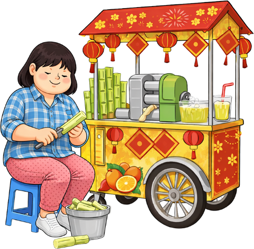 Cô gái, gọt mía, phụ nữ, xe nước mía, ngồi trên ghế nhựa, tết, lồng đèn, máy ép nước mía, áo kẻ xanh, quần hồng, girl, peeling sugarcane, woman, sugarcane juice cart, sitting on plastic stool, lunar new year, lantern, sugarcane press, blue plaid shirt, pink pants