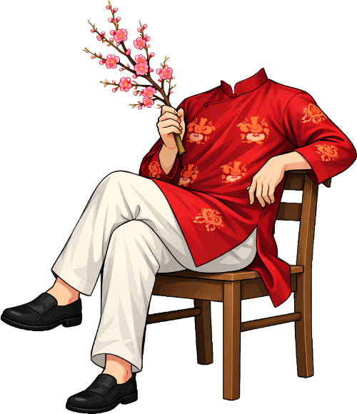 Chàng trai, ngồi, đàn ông, áo dài, đỏ, hoa đào, ghế gỗ, quần trắng, tết, truyền thống, thảnh thơi, young man, sitting, men, ao dai, red, wooden chair, white pants, tet holiday, traditional, relaxed