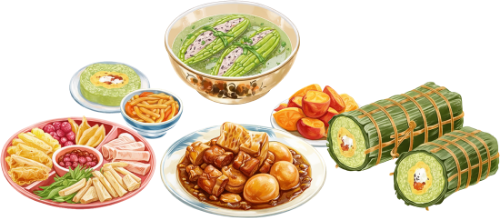 Mâm cơm tết, món ăn truyền thống, bánh chưng, thịt kho tàu, canh khổ qua, chả lụa, dưa món, tết nguyên đán, ẩm thực việt nam, lunar new year meal, traditional food, sticky rice cake, braised pork with eggs, bitter melon soup, vietnamese ham, pickled vegetables, vietnamese cuisine