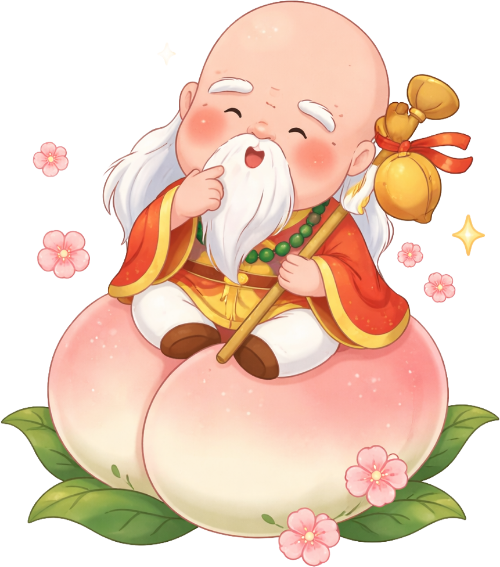 Ông thọ, ngồi trên quả đào, ông cụ, quả đào lớn, hoa mai, hồ lô, gậy gỗ, râu trắng, trường thọ, shou god, sitting on peach, old man, big peach, apricot blossom, gourd, walking stick, white beard, longevity