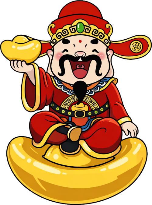 Thần tài, cười lớn, đàn ông, thỏi vàng, mũ cánh chuồn, trang phục đỏ, râu dài, phong cách cartoon, god of fortune, laughing out loud, man, gold ingot, mandarin hat, red costume, long beard, cartoon style