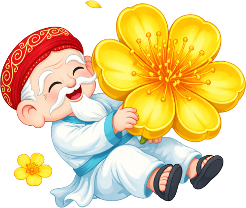 Ông bụt, ôm hoa mai, cổ tích, hoa mai, hoa vàng, rực rỡ, đón xuân, may mắn, god of wealth, hugging apricot blossom, fairy tale, yellow apricot flower, yellow flower, vibrant, welcoming spring, lucky