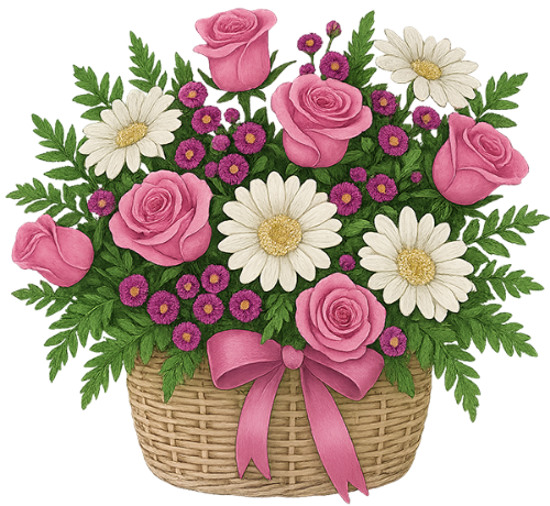 Giỏ hoa, hoa hồng, hoa cúc, hoa màu hồng, hoa màu trắng, giỏ mây, ruy băng, quà tặng, lãng mạn, flower basket, rose, daisy, pink flower, white flower, wicker basket, ribbon, gift, romance