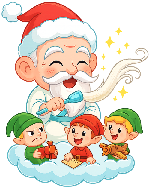 Ông bụt, sửa đồ chơi, cổ tích, giáng sinh, mũ giáng sinh, mây, phất trần, yêu tinh, the good spirit, repairing toys, fairy tale, christmas, santa hat, cloud, whisk, elf