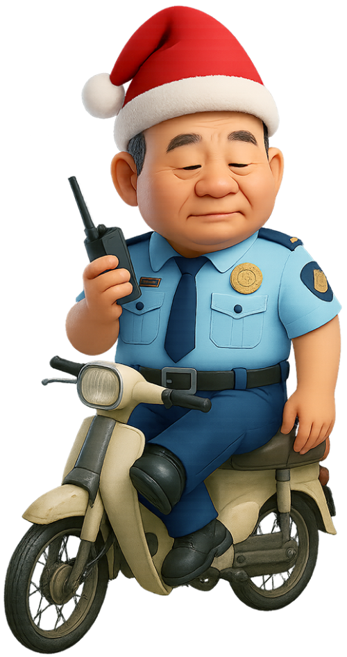 Chú bảo vệ, bảo vệ, đồng phục bảo vệ, bộ đàm, nón giáng sinh, xe máy, security guard, guard, security uniform, walkie-talkie, santa hat, motorcycle