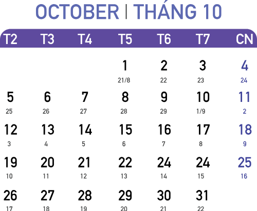 Lịch 2026, lịch, calendar, 2026, tháng 10, october