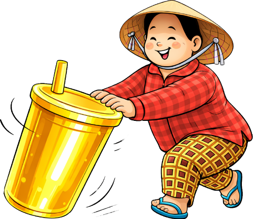 Bà cô, đang đẩy ly nước, phụ nữ, nón lá, áo sơ mi kẻ caro đỏ, ly trà sữa khổng lồ, màu vàng, chuyển động, vui vẻ, dép lê, middle-aged woman, pushing a large drink, woman, conical hat, red plaid shirt, giant bubble tea cup, yellow, movement, happy, flip flops