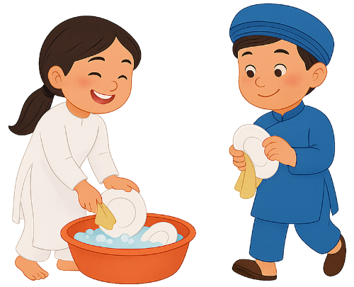 Cô gái và chàng trai, rửa chén, áo dài, tết, em bé, chén đĩa, bồn rửa, cười, màu trắng, màu xanh dương, girl and boy, washing dishes, ao dai, tet, baby, dishes, wash basin, smiling, white, blue