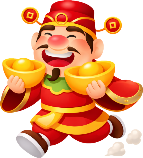 Thần tài, đang chạy, đàn ông, cầm hai thỏi vàng, nụ cười, khói trắng dưới chân, trang phục đỏ, rước lộc, god of wealth, running, man, holding two gold ingots, smiling, white smoke under feet, red costume, bringing fortune