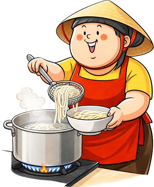 Bà cô, trụng phở, phụ nữ, nón lá, tạp dề đỏ, nồi nước sôi, bếp gas, muôi lưới, ẩm thực Việt Nam, middle-aged woman, blanching noodles, woman, conical hat, red apron, boiling pot, gas stove, skimmer, Vietnamese cuisine
