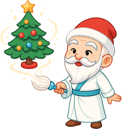 Ông bụt, vui vẻ, cổ tích, giáng sinh, mũ giáng sinh, phất trần, cây thông, the good spirit, happy, fairy tale, christmas, santa hat, fly-whisk, pine tree