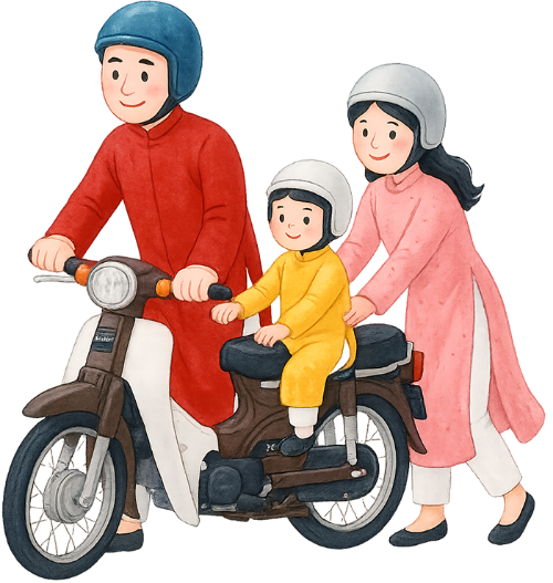 Gia đình đi xe máy, đi xe máy, áo dài, tết, mũ bảo hiểm, gia đình, xe máy, bố, mẹ, con, family riding motorbike, riding motorbike, ao dai, tet, helmet, family, motorbike, dad, mom, child 2