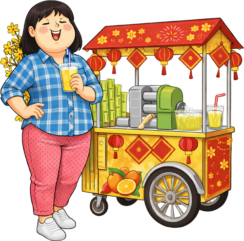 Cô gái, cười hạnh phúc, phụ nữ, cầm ly nước, xe nước mía, tết, hoa mai, lồng đèn, máy ép nước mía, áo kẻ xanh, girl, laughing, woman, holding a drink, sugarcane juice cart, lunar new year, apricot blossom, lantern, sugarcane press, blue plaid shirt