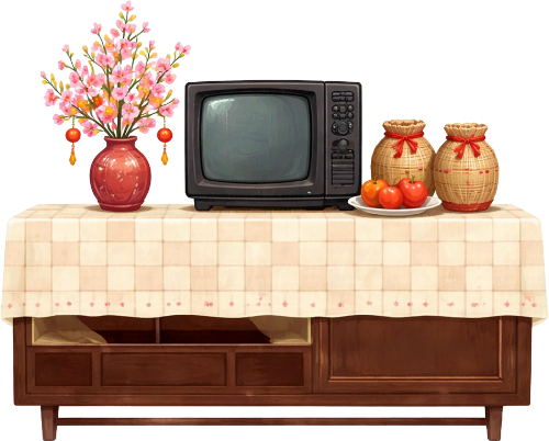 Tivi cổ, mâm ngũ quả, bình hoa mai, ấm trà, khăn trải bàn caro, tết xưa, tet decoration table, vintage television, fruit tray, apricot blossom, teapot, checkered tablecloth, old tet