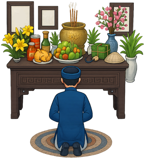 Chàng trai, quỳ lạy, đàn ông, áo dài, bàn thờ, cúng bái, tết, gà cúng, young man, kneeling to pray, man, altar, worshipping, tet, offering chicken