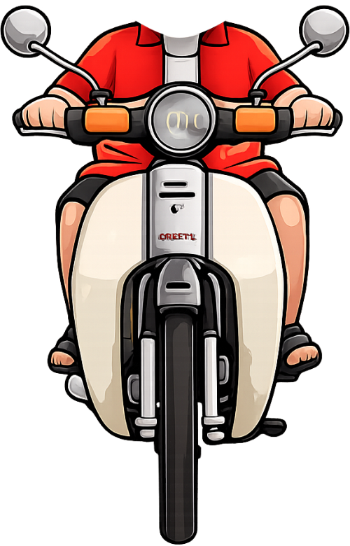 Chàng trai, đang lái xe, đàn ông, xe máy cub, màu kem, áo đỏ, motorbiker, driving, man, cub motorbike, cream, red shirt
