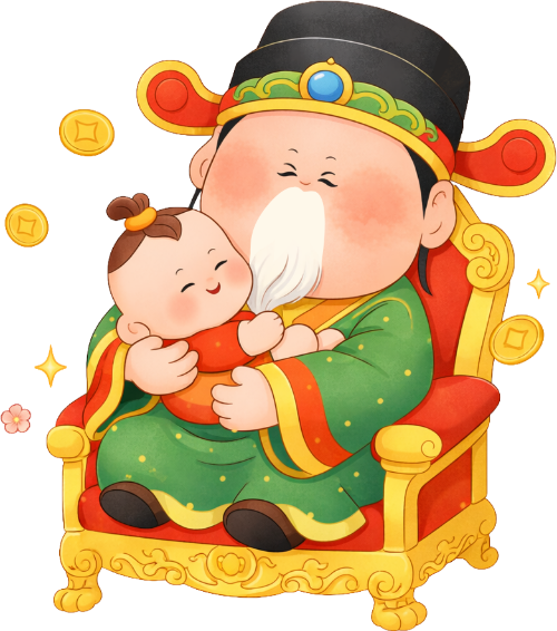 Ông lộc, bế em bé, ông cụ, ngai vàng, trang phục xanh lá, tiền vàng, mũ quan, râu trắng, phú quý, lu god, holding baby, old man, throne, green costume, gold coins, official hat, white beard, prosperity