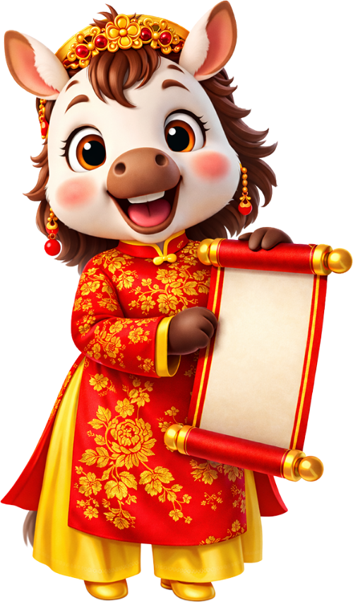 Ngựa, cầm cuốn thư, con vật, đứng, áo dài, đỏ, vàng, câu đối, tết nguyên đán, truyền thống, Horse, holding scroll, animal, standing, ao dai, red, yellow, couplets, lunar new year, traditional