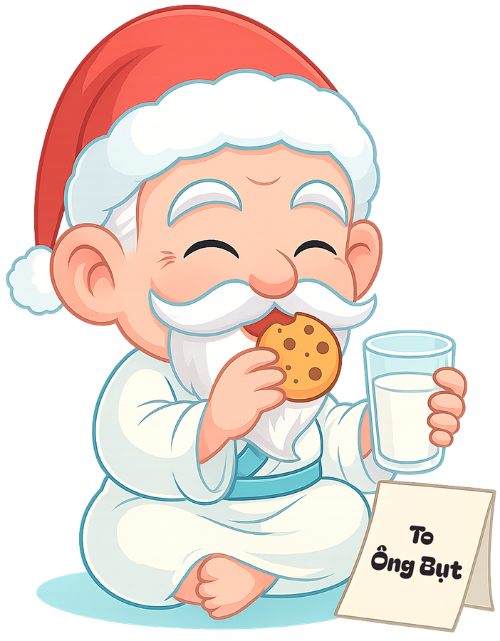 Ông bụt, ăn bánh, cổ tích, giáng sinh, mũ giáng sinh, bánh quy, sữa, thư, the good spirit, eating cookies, fairy tale, christmas, santa hat, cookies, milk, letter