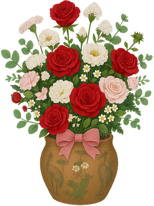 Bó hoa, hoa hồng, hoa cẩm chướng, hoa trắng, hoa đỏ, hoa hồng nhạt, bình gốm, ruy băng, bouquet, rose, carnation, white flower, red flower, light pink flower, ceramic vase, ribbon