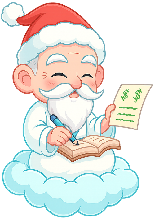 Ông bụt, ghi chép, cổ tích, giáng sinh, mũ giáng sinh, đám mây, bút, sách, giấy, the good spirit, taking notes, fairy tale, christmas, santa hat, cloud, pen, book, paper