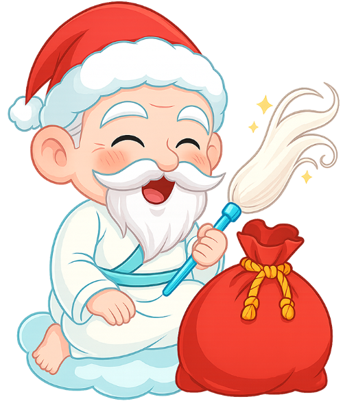 Ông bụt, gói quà, cổ tích, giáng sinh, mũ giáng sinh, mây, phất trần, the good spirit, wrapping gifts, fairy tale, christmas, santa hat, cloud, whisk