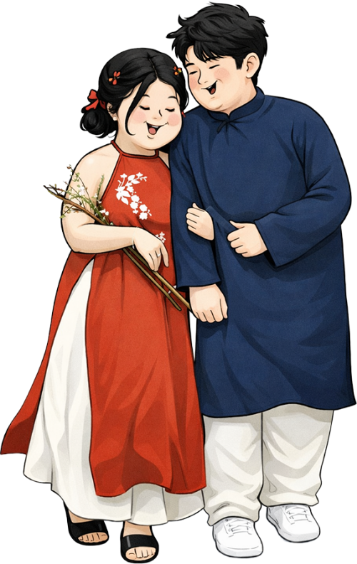 Cô gái và chàng trai, khoác tay nhau đi dạo mỉm cười, phụ nữ và đàn ông, cặp đôi, áo dài, cành hoa, tết, đi bộ, tình cảm, girl and boy, walking arm in arm and smiling, woman and man, couple, ao dai, flower branch, lunar new year, walking, affectionate