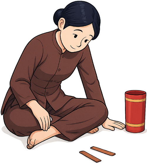 Cô gái, xin xăm, phụ nữ, áo tràng, xăm, quẻ xăm, bói toán, xin quẻ, ngồi, brown ao dai, woman, asking for fortune, drawing fortune sticks, sitting, temple, belief, tradition