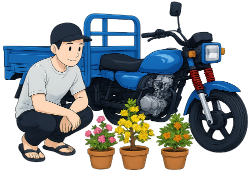 Chàng trai, ngồi xổm, đàn ông, xe ba gác, cây hoa, chậu cây, màu xanh dương, nón lưỡi trai, dép lê, màu vàng, màu hồng, màu cam, boy, squatting, man, three-wheeled motorbike, flower tree, potted plant, blue, baseball cap, flip flops, yellow, pink, orange