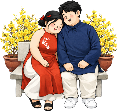 Cô gái và chàng trai, tựa đầu vào nhau mỉm cười, phụ nữ và đàn ông, cặp đôi, áo dài, tết, hoa mai vàng, chậu cây, ghế đá, hạnh phúc, lãng mạn, girl and boy, leaning on shoulder and smiling, woman and man, couple, ao dai, lunar new year, yellow apricot blossom, flower pot, stone bench, happy, romanti 4