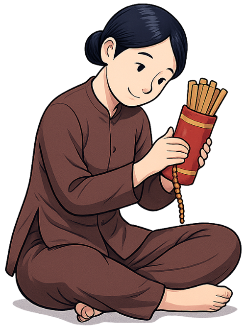 Cô gái, xin xăm, phụ nữ, áo tràng, xăm, quẻ xăm, bói toán, xin quẻ, ngồi, brown ao dai, woman, asking for fortune, drawing fortune sticks, sitting, temple, belief, tradition
