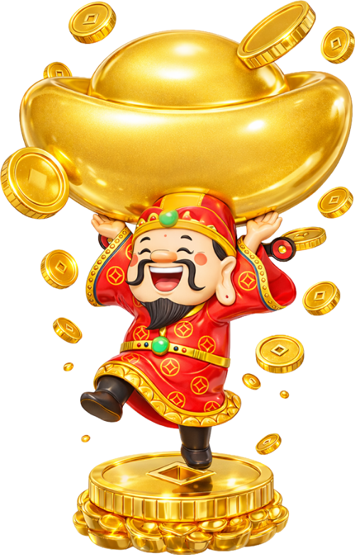 Thần tài, phấn khích, đàn ông, thỏi vàng khổng lồ, đồng xu rơi, bục đồng xu, trang phục đỏ, god of fortune, excited, man, huge gold ingot, falling coins, coin platform, red costume