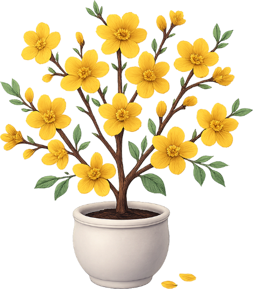 Cây hoa mai, hoa mai, hoa vàng, cây cảnh, tết, mùa xuân, trang trí, may mắn, chậu trắng, ochna integerrima, apricot blossom, yellow flower, potted plant, tet, spring, decoration, luck, white pot