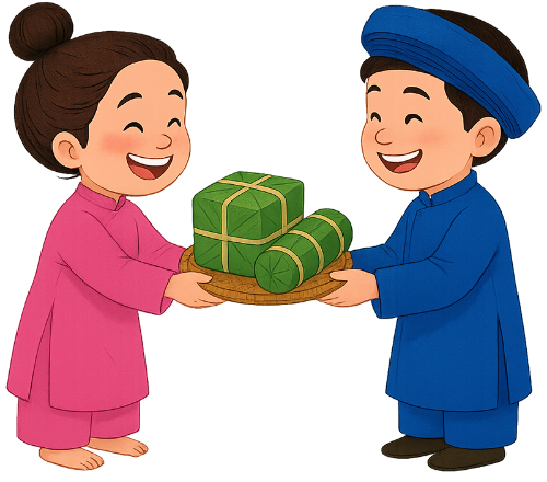 Cô gái và chàng trai, trao bánh, tết nguyên đán, ẩm thực, bánh chưng, bánh tét, trang phục truyền thống, vui vẻ, girl and boy, giving cake, lunar new year, food, banh chung, banh tet, traditional costume, happy