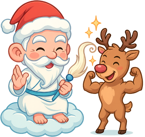 Ông bụt, làm phép, cổ tích, giáng sinh, mũ giáng sinh, mây, phất trần, tuần lộc, the good spirit, casting a spell, fairy tale, christmas, santa hat, cloud, whisk, reindeer
