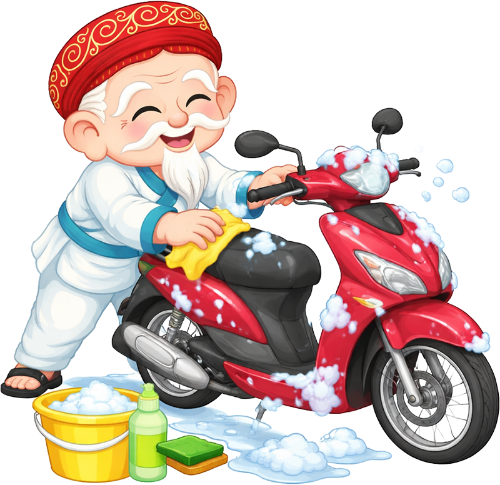 Ông bụt, lau chùi, cổ tích, xe máy, xe tay ga, màu đỏ, xà phòng, bình xịt, xô nước, dọn dẹp nhà cửa, old fairy, cleaning, fairy tale, motorbike, scooter, red, soap, spray bottle, bucket, house cleaning