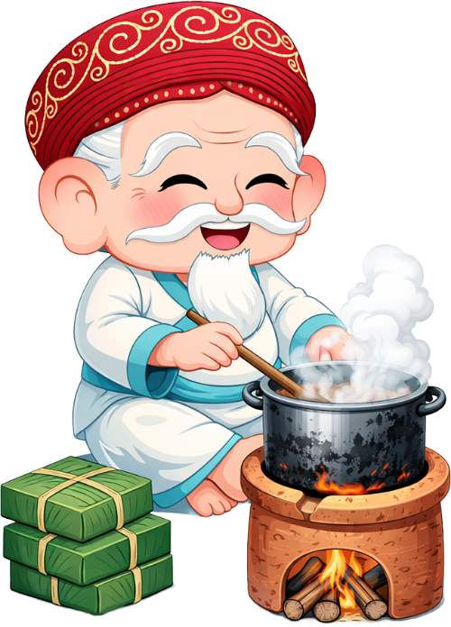 Ông bụt, nấu bánh chưng, cổ tích, nồi bánh, bếp lò đất, củi lửa, khói, bánh chưng xanh, tết nguyên đán, fairy godfather, cooking banh chung, fairy tale, cooking pot, clay stove, firewood, smoke, green sticky rice cake, lunar new year
