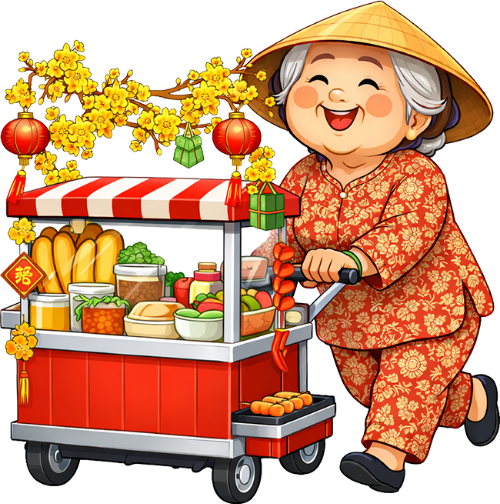 Bà cụ, đẩy xe bánh mì, phụ nữ, tết nguyên đán, hoa mai, lồng đèn, bánh chưng, nón lá, áo bà ba, cười, xe hàng rong, bánh mì, old woman, pushing bread cart, woman, lunar new year, apricot blossom, lantern, sticky rice cake, conical hat, baba shirt, smiling, street food cart, banh mi
