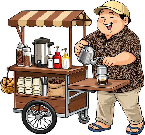 Chàng trai, pha cà phê phin, đàn ông, xe cà phê, phin cà phê, ấm nước, hũ cà phê, ly giấy, hạt cà phê, giỏ bánh mì, nón kết, áo hoa, dép tông, coffee seller, brewing phin coffee, man, coffee cart, coffee filter, kettle, coffee jars, paper cups, coffee beans, bread basket, baseball cap, floral shirt, flip flops