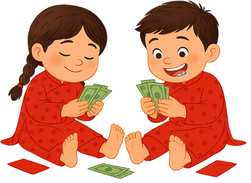 Cô bé và cậu bé, đếm tiền, tết nguyên đán, tiền lì xì, áo dài, trang phục đỏ, vui vẻ, girl and boy, counting money, lunar new year, lucky money, ao dai, red costume, happy