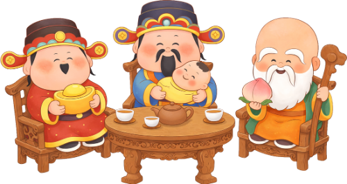 Ông phúc ông lộc ông thọ, ngồi uống trà, ông cụ, bàn gỗ, ấm trà, em bé, thỏi vàng, quả đào, gậy gỗ, tam đa, fuk luk sau, drinking tea, old man, wooden table, teapot, baby, gold ingot, peach, walking stick, three gods