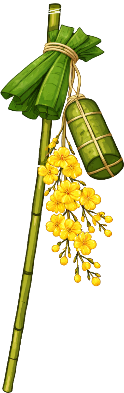 Cây nêu, bánh chưng, hoa mai, tre, lá dong, tết nguyên đán, truyền thống, vàng, xanh lá, trang trí, bamboo pole, banh chung, sticky rice cake, ochna flower, bamboo, dong leaf, lunar new year, traditional, yellow, green, decoration