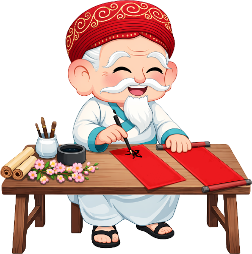 Ông bụt, viết thư pháp, cổ tích, ông đồ, mực tàu, bút lông, giấy đỏ, câu đối, hoa mai, bàn gỗ, Buddha, writing calligraphy, fairy tale, scholar, ink, brush, red paper, couplets, apricot blossom, wooden table