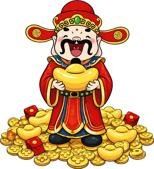 Thần tài, hạnh phúc, đàn ông, thỏi vàng lớn, đồng xu, bao lì xì, trang phục đỏ, mũ quan, god of fortune, happy, man, big gold ingot, coin, red envelope, red costume, official hat