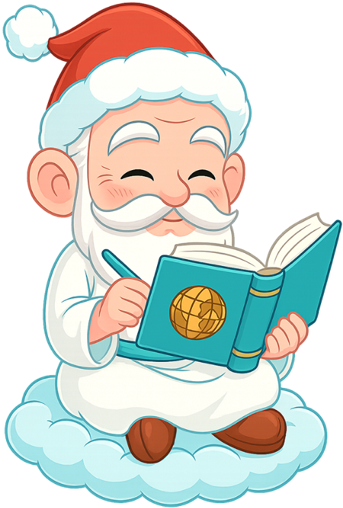 Ông bụt, nghiên cứu văn hóa, cổ tích, giáng sinh, mũ giáng sinh, sách, bút, mây, the good spirit, researching culture, fairy tale, christmas, santa hat, book, pen, cloud