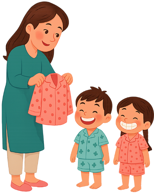Bà mẹ, tặng quần áo, trẻ em, đồ ngủ, quần áo chấm bi, vui vẻ, mother, giving clothes, children, pajamas, polka dot clothes, happy