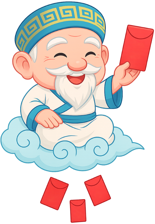 Ông bụt, cho lì xì, ông cụ, thần may mắn, bao lì xì, phong bì đỏ, tết, năm mới, truyền thống, mây, old wise man, giving lucky money, old man, god of fortune, lucky money, red envelope, tet, new year, traditional, cloud